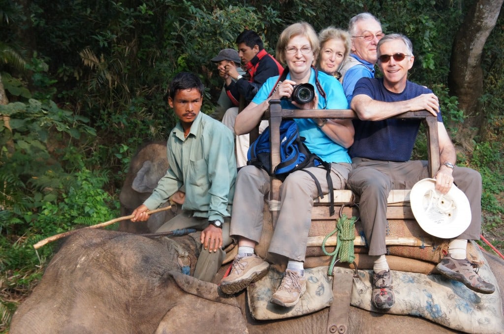 Voyage groupe en Inde et au Népal : Un groupe de personnes chevauchant des éléphants dans une forêt.