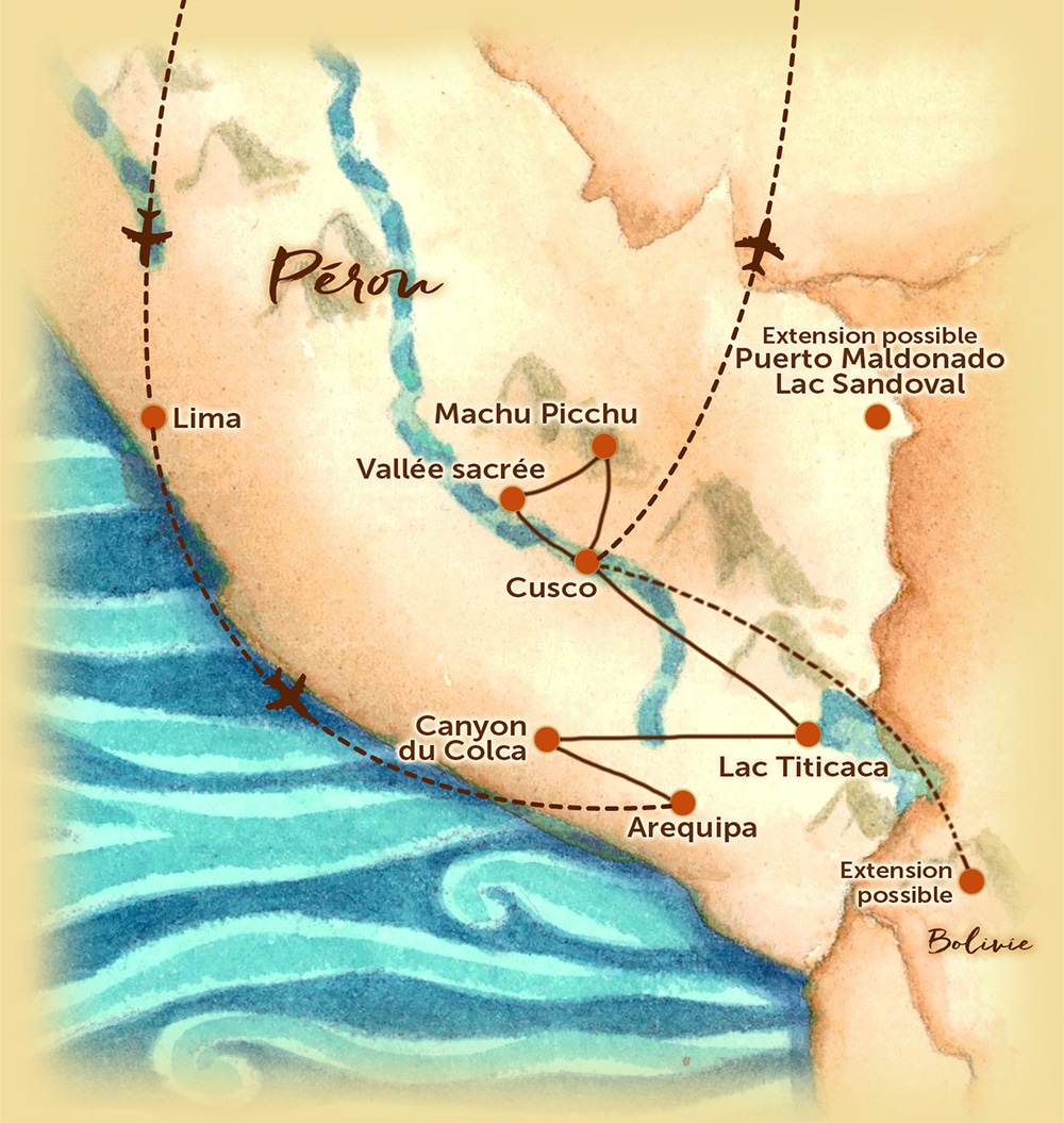 Une carte de voyage présentant les Routes du monde à travers le Pérou.